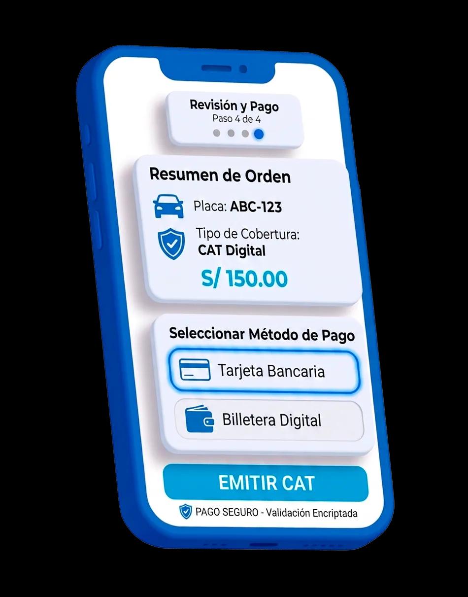 Revisión y pago del CAT electrónico: resumen de orden, método de pago y emisión segura